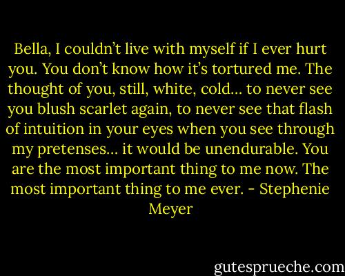 Bella, I couldn’t live with myself if I ever hurt you. You don’t know how it’s tortured me. The thought of you, still, white, cold… to never see you blush scarlet again, to never see that flash of intuition in your eyes when you see through my pretenses… it would be unendurable. You are the most important thing to me now. The most important thing to me ever. - Stephenie Meyer