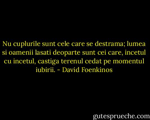 Nu cuplurile sunt cele care se destrama; lumea si oamenii lasati deoparte sunt cei care, incetul cu incetul, castiga terenul cedat pe momentul iubirii. - David Foenkinos