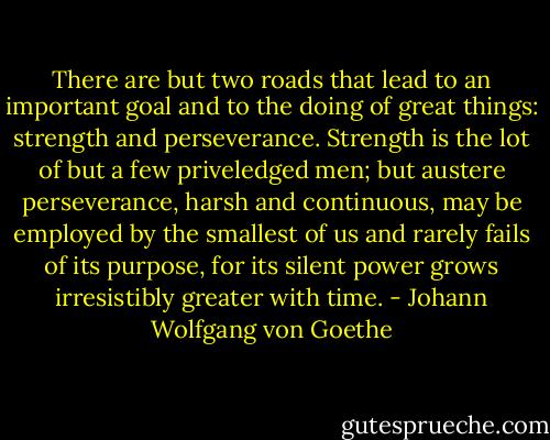 There are but two roads that lead to an important goal and to the doing of great things: strength and perseverance. Strength is the lot of but a few priveledged men; but austere perseverance, harsh and continuous, may be employed by the smallest of us and rarely fails of its purpose, for its silent power grows irresistibly greater with time. - Johann Wolfgang von Goethe