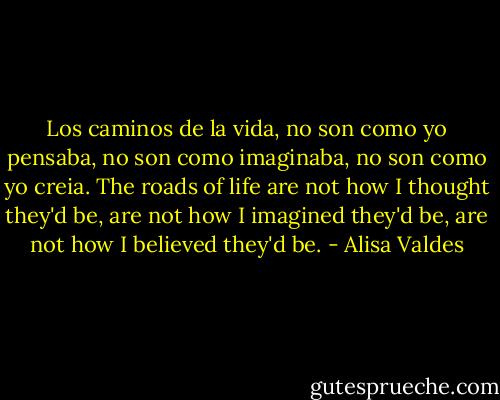 Los caminos de la vida, no son como yo pensaba, no son como imaginaba, no son como yo creia. The roads of life are not how I thought they'd be, are not how I imagined they'd be, are not how I believed they'd be. - Alisa Valdes
