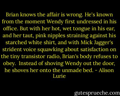 Brian knows the affair is wrong. He's known from the moment Wendy first undressed in his office. But with her hot, wet tongue in his ear, and her taut, pink nipples straining against his starched white shirt, and with Mick Jagger's strident voice squawking about satisfaction on the tiny transistor radio, Brian's body refuses to obey.<br /><br />Instead of shoving Wendy out the door, he shoves her onto the unmade bed. - Alison Lurie