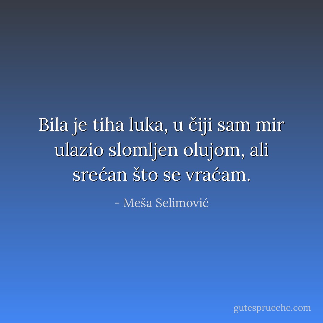 Bila je tiha luka, u čiji sam mir ulazio slomljen olujom, ali srećan što se vraćam. - Meša Selimović