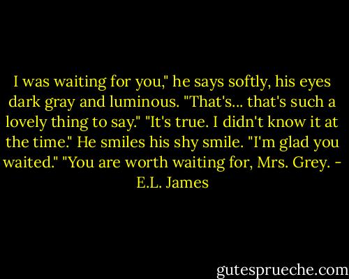 I was waiting for you," he says softly, his eyes dark gray and luminous.<br />"That's... that's such a lovely thing to say."<br />"It's true. I didn't know it at the time." He smiles his shy smile.<br />"I'm glad you waited."<br />"You are worth waiting for, Mrs. Grey. - E.L. James