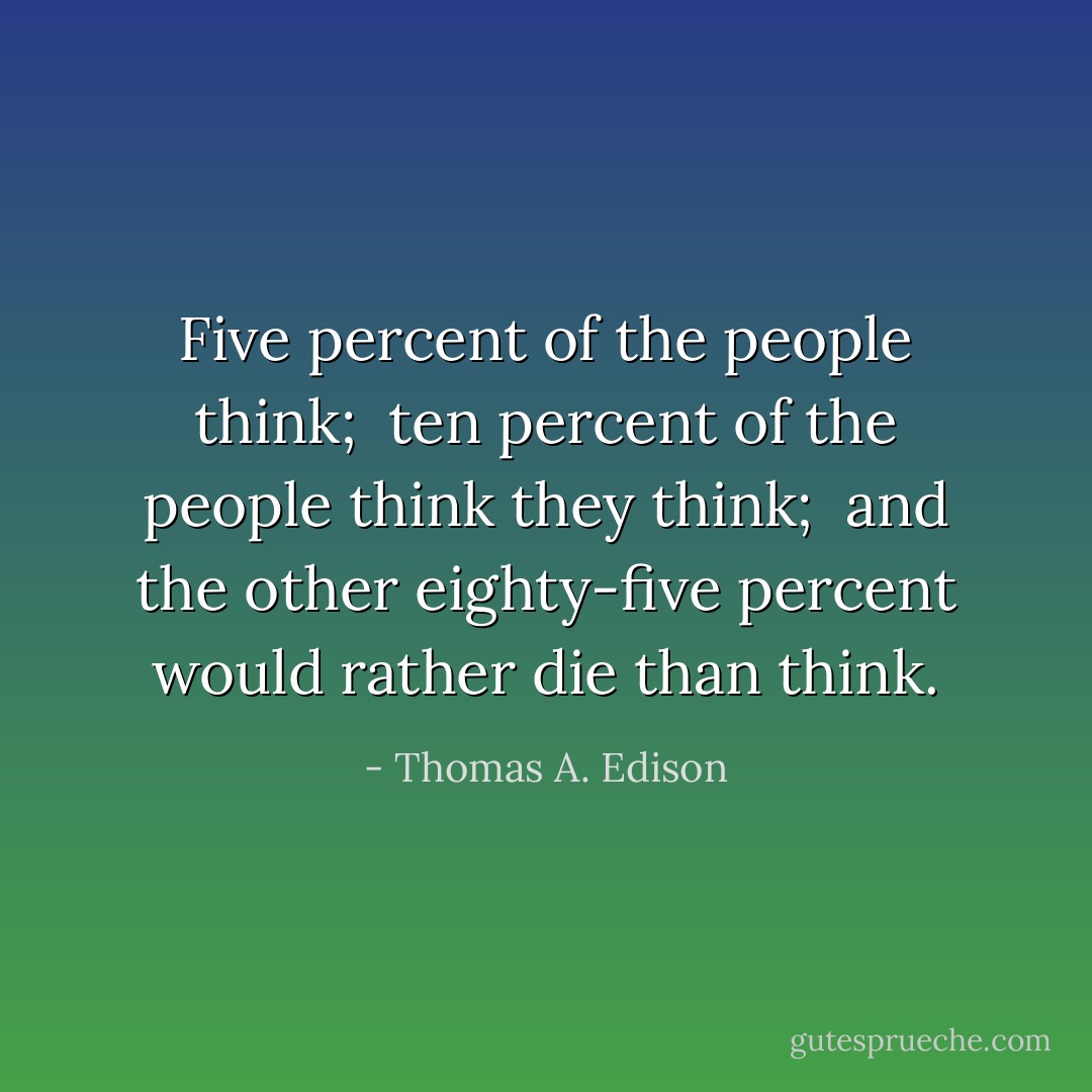 Five percent of the people think; <br />ten percent of the people think they think; <br />and the other eighty-five percent would rather die than think. - Thomas A. Edison