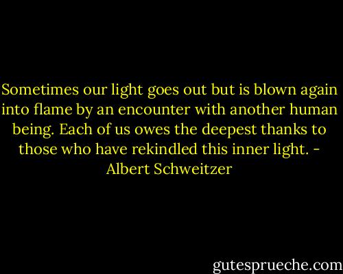 Sometimes our light goes out but is blown again into flame by an encounter with another human being. Each of us owes the deepest thanks to those who have rekindled this inner light. - Albert Schweitzer