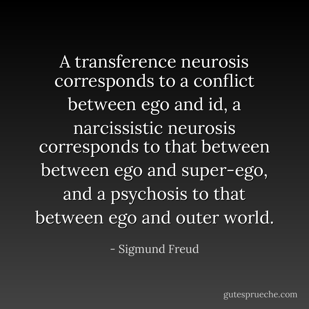 A transference neurosis corresponds to a conflict between ego and <i>id</i>, a <a href="https://www.goodreads.com/quotes/show/551616" rel="nofollow noopener">narcissistic neurosis</a> corresponds to that between between ego and super-ego, and a psychosis to that between ego and outer world. - Sigmund Freud