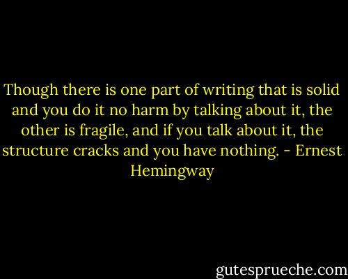 Though there is one part of writing that is solid and you do it no harm by talking about it, the other is fragile, and if you talk about it, the structure cracks and you have nothing. - Ernest Hemingway