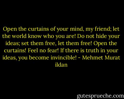 Open the curtains of your mind, my friend; let the world know who you are! Do not hide your ideas; set them free, let them free! Open the curtains! Feel no fear! If there is truth in your ideas, you become invincible! - Mehmet Murat ildan