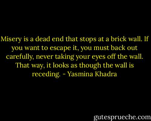 Misery is a dead end that stops at a brick wall. If you want to escape it, you must back out carefully, never taking your eyes off the wall. That way, it looks as though the wall is receding. - Yasmina Khadra