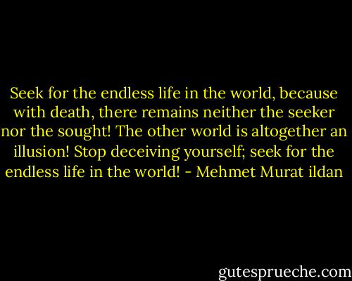 Seek for the endless life in the world, because with death, there remains neither the seeker nor the sought! The other world is altogether an illusion! Stop deceiving yourself; seek for the endless life in the world! - Mehmet Murat ildan