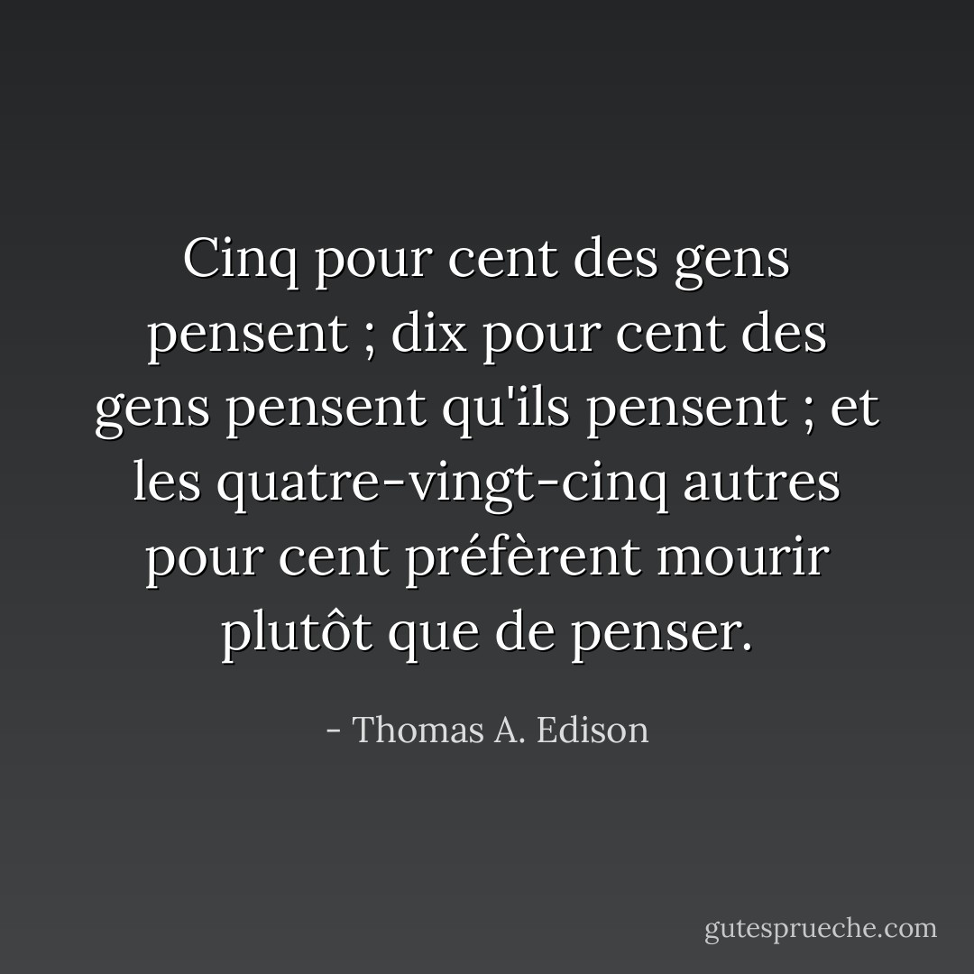 Cinq pour cent des gens pensent ; dix pour cent des gens pensent qu'ils pensent ; et les quatre-vingt-cinq autres pour cent préfèrent mourir plutôt que de penser. - Thomas A. Edison