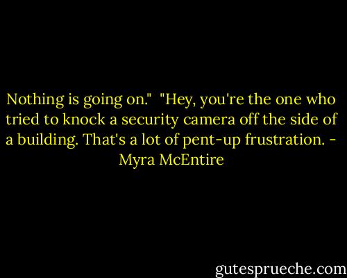 Nothing is going on."<br /><br />"Hey, you're the one who tried to knock a security camera off the side of a building. That's a lot of pent-up frustration. - Myra McEntire