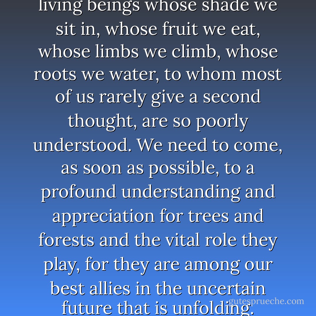 What an irony it is that these living beings whose shade we sit in,<br />whose fruit we eat, whose limbs we climb, whose roots we water, to<br />whom most of us rarely give a second thought, are so poorly<br />understood. We need to come, as soon as possible, to a profound<br />understanding and appreciation for trees and forests and the vital<br />role they play, for they are among our best allies in the uncertain<br />future that is unfolding. - Jim Robbins