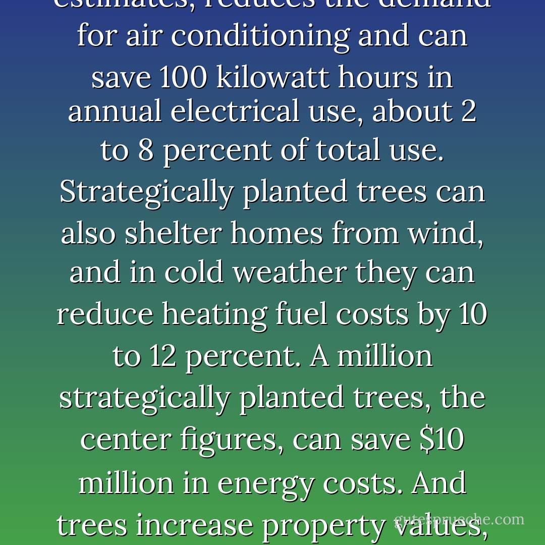 Even viewed conservatively, trees are worth far more than they cost to<br />plant and maintain. The U.S. Forest Service's Center for Urban Forest<br />Research found a ten-degree difference between the cool of a shaded<br />park in Tucson and the open Sonoran desert. A tree planted in the<br />right place, the center estimates, reduces the demand for air<br />conditioning and can save 100 kilowatt hours in annual electrical use,<br />about 2 to 8 percent of total use. Strategically planted trees can<br />also shelter homes from wind, and in cold weather they can reduce<br />heating fuel costs by 10 to 12 percent. A million strategically<br />planted trees, the center figures, can save $10 million in energy<br />costs. And trees increase property values, as much as 1 percent for<br />each mature tree. These savings are offset somewhat by the cost of<br />planting and maintaining trees, but on balance, if we had to pay for<br />the services that trees provide, we couldn't afford them. Because<br />trees offer their services in silence, and for free, we take them for<br />granted. - Jim Robbins