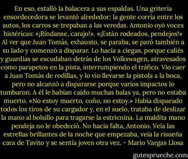En eso, estalló la balacera a sus espaldas. Una gritería ensordecedora se levantó alrededor; la gente corría entre los autos, los carros se trepaban a las veredas. Antonio oyó voces histéricas: «¡Ríndanse, carajo!». «¡Están rodeados, pendejos!» Al ver que Juan Tomás, exhausto, se paraba, se paró también a su lado y comenzó a disparar. Lo hacía a ciegas, porque caliés y guardias se escudaban detrás de los Volkswagen, atravesados como parapetos en la pista, interrumpiendo el tráfico. Vio caer a Juan Tomás de rodillas, y lo vio llevarse la pistola a la boca, pero no alcanzó a dispararse porque varios impactos lo tumbaron. A él le habían caído muchas balas ya, pero no estaba muerto. «No estoy muerto, coño, no estoy.» Había disparado todos los tiros de su cargador y, en el suelo, trataba de deslizar la mano al bolsillo para tragarse la estricnina. La maldita mano pendeja no le obedeció. No hacía falta, Antonio. Veía las estrellas brillantes de la noche que empezaba, veía la risueña cara de Tavito y se sentía joven otra vez. - Mario Vargas Llosa