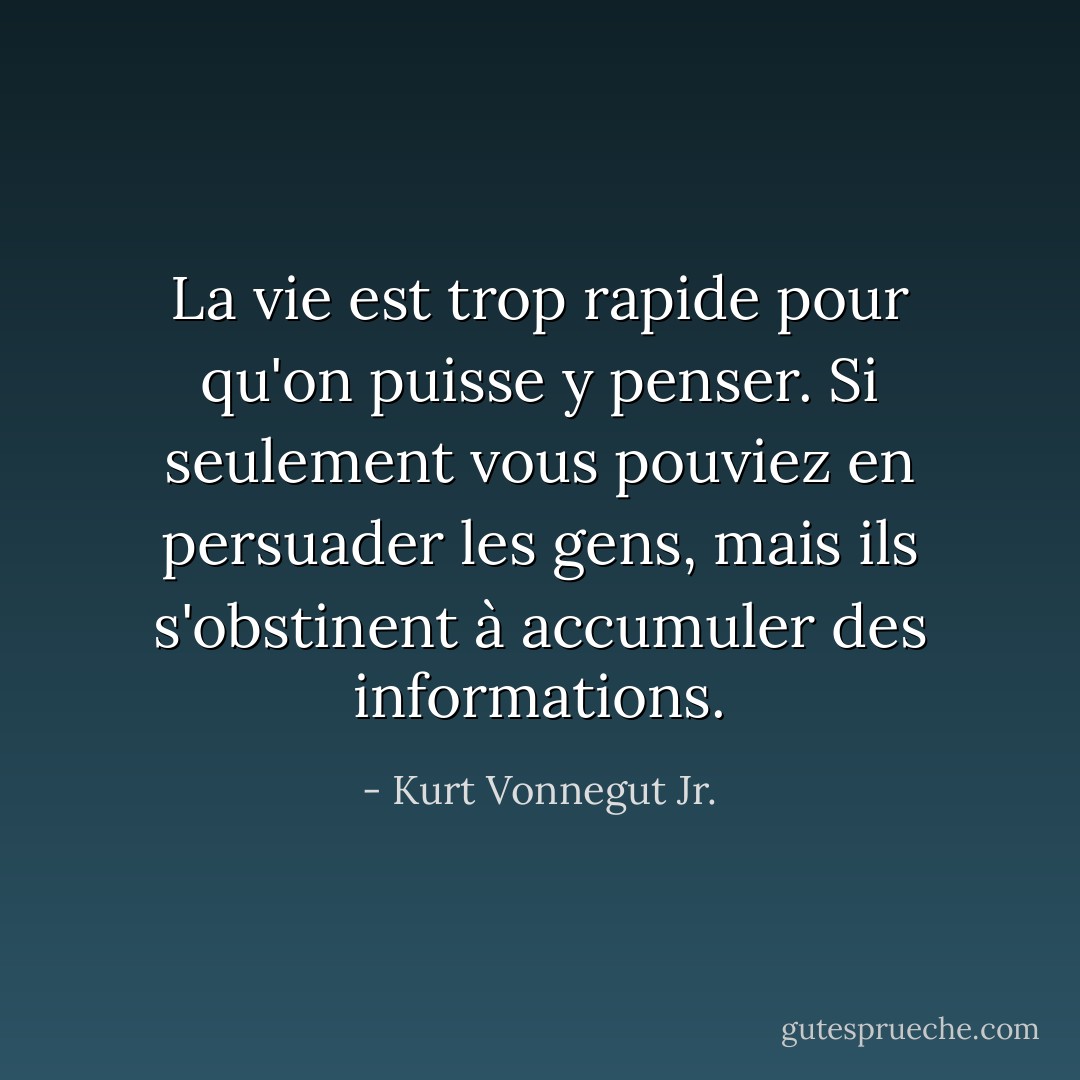 La vie est trop rapide pour qu'on puisse y penser. Si seulement vous pouviez en persuader les gens, mais ils s'obstinent à accumuler des informations. - Kurt Vonnegut Jr.