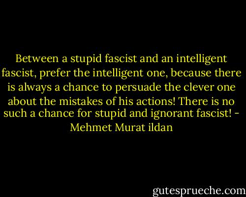 Between a stupid fascist and an intelligent fascist, prefer the intelligent one, because there is always a chance to persuade the clever one about the mistakes of his actions! There is no such a chance for stupid and ignorant fascist! - Mehmet Murat ildan