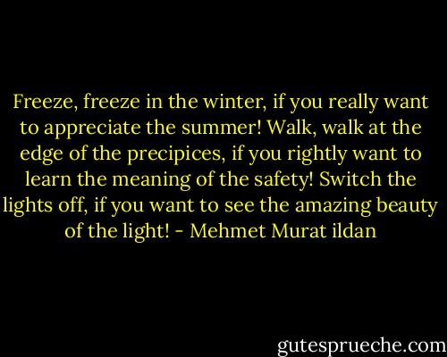 Freeze, freeze in the winter, if you really want to appreciate the summer! Walk, walk at the edge of the precipices, if you rightly want to learn the meaning of the safety! Switch the lights off, if you want to see the amazing beauty of the light! - Mehmet Murat ildan