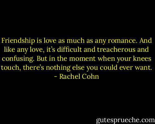 Friendship is love as much as any romance. And like any love, it’s difficult and treacherous and confusing. But in the moment when your knees touch, there’s nothing else you could ever want. - Rachel Cohn