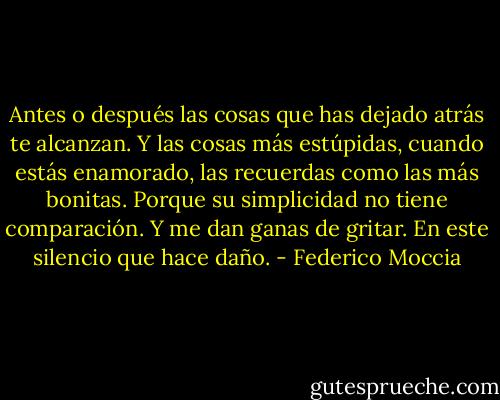 Antes o después las cosas que has dejado atrás te alcanzan. Y las cosas más estúpidas, cuando estás enamorado, las recuerdas como las más bonitas. Porque su simplicidad no tiene comparación. Y me dan ganas de gritar. En este silencio que hace daño. - Federico Moccia