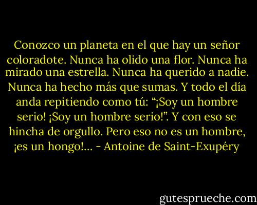 Conozco un planeta en el que hay un señor coloradote. Nunca ha olido una flor. Nunca ha mirado una estrella. Nunca ha querido a nadie. Nunca ha hecho más que sumas. Y todo el día anda repitiendo como tú: “¡Soy un hombre serio! ¡Soy un hombre serio!”. Y con eso se hincha de orgullo. Pero eso no es un hombre, ¡es un hongo!… - Antoine de Saint-Exupéry