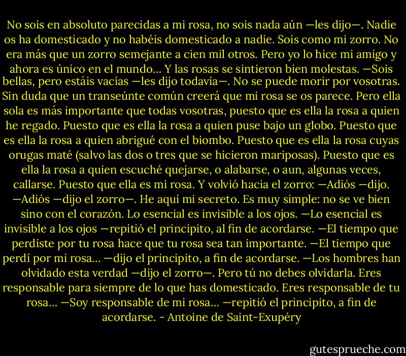 No sois en absoluto parecidas a mi rosa, no sois nada aún —les dijo—. Nadie os ha domesticado y no habéis domesticado a nadie. Sois como mi zorro. No era más que un zorro semejante a cien mil otros. Pero yo lo hice mi amigo y ahora es único en el mundo…<br />Y las rosas se sintieron bien molestas.<br />—Sois bellas, pero estáis vacías —les dijo todavía—. No se puede morir por vosotras. Sin duda que un transeúnte común creerá que mi rosa se os parece. Pero ella sola es más importante que todas vosotras, puesto que es ella la rosa a quien he regado. Puesto que es ella la rosa a quien puse bajo un globo. Puesto que es ella la rosa a quien abrigué con el biombo. Puesto que es ella la rosa cuyas orugas maté (salvo las dos o tres que se hicieron mariposas). Puesto que es ella la rosa a quien escuché quejarse, o alabarse, o aun, algunas veces, callarse. Puesto que ella es mi rosa.<br />Y volvió hacia el zorro:<br />—Adiós —dijo.<br />—Adiós —dijo el zorro—. He aquí mi secreto. Es muy simple: no se ve bien sino con el corazón. Lo esencial es invisible a los ojos.<br />—Lo esencial es invisible a los ojos —repitió el principito, al fin de acordarse.<br />—El tiempo que perdiste por tu rosa hace que tu rosa sea tan importante.<br />—El tiempo que perdí por mi rosa… —dijo el principito, a fin de acordarse.<br />—Los hombres han olvidado esta verdad —dijo el zorro—. Pero tú no debes olvidarla. Eres responsable para siempre de lo que has domesticado. Eres responsable de tu rosa…<br />—Soy responsable de mi rosa… —repitió el principito, a fin de acordarse. - Antoine de Saint-Exupéry