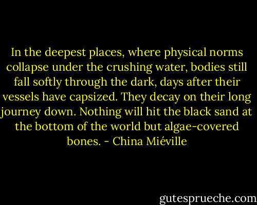 In the deepest places, where physical norms collapse under the crushing water, bodies still fall softly through the dark, days after their vessels have capsized. They decay on their long journey down. Nothing will hit the black sand at the bottom of the world but algae-covered bones. - China Miéville