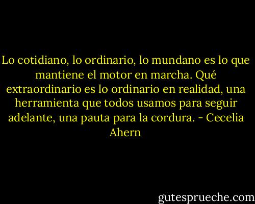 Lo cotidiano, lo ordinario, lo mundano es lo que mantiene el motor en marcha. Qué extraordinario es lo ordinario en realidad, una herramienta que todos usamos para seguir adelante, una pauta para la cordura. - Cecelia Ahern