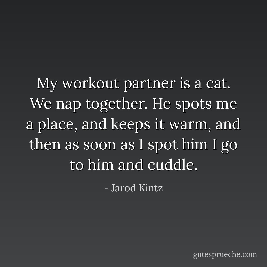 My workout partner is a cat. We nap together. He spots me a place, and keeps it warm, and then as soon as I spot him I go to him and cuddle. - Jarod Kintz