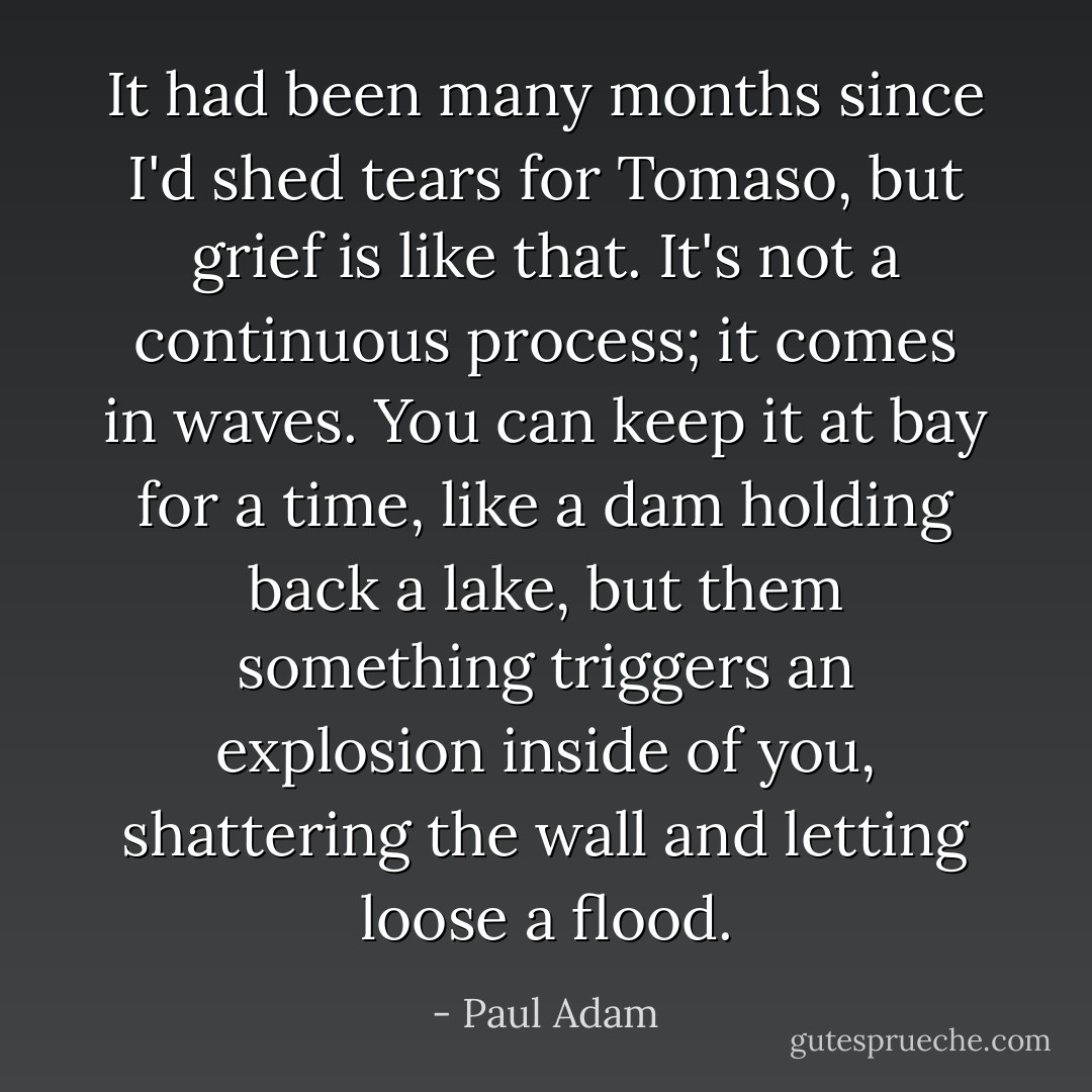 It had been many months since I'd shed tears for Tomaso, but grief is like that. It's not a continuous process; it comes in waves. You can keep it at bay for a time, like a dam holding back a lake, but them something triggers an explosion inside of you, shattering the wall and letting loose a flood. - Paul Adam