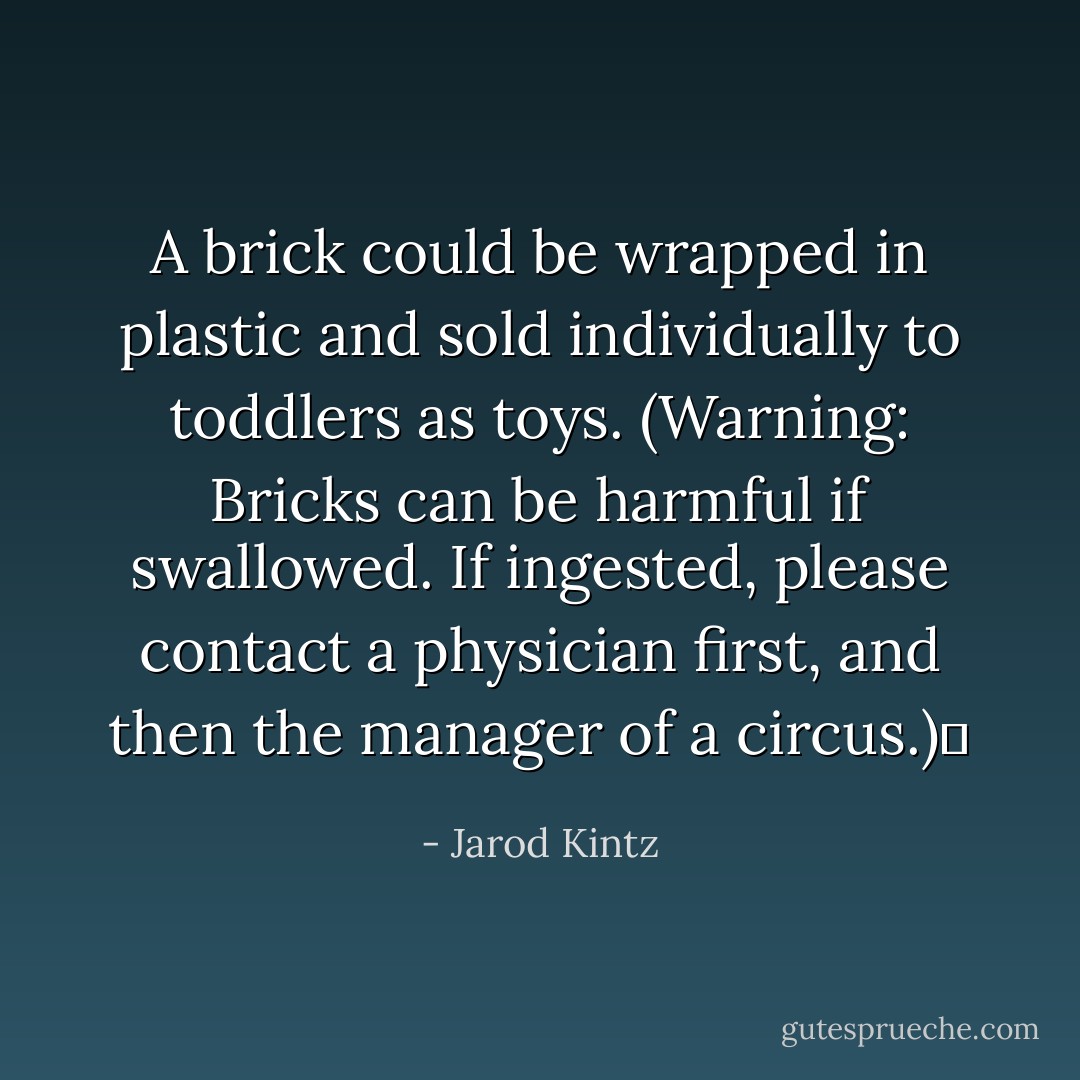 A brick could be wrapped in plastic and sold individually to toddlers as toys. (Warning: Bricks can be harmful if swallowed. If ingested, please contact a physician first, and then the manager of a circus.)  - Jarod Kintz