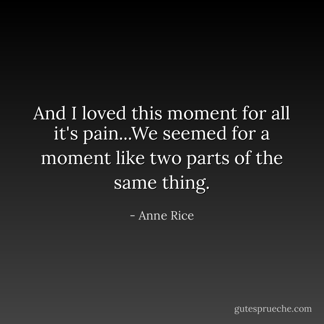And I loved this moment for all it's pain...We seemed for a moment like two parts of the same thing. - Anne Rice