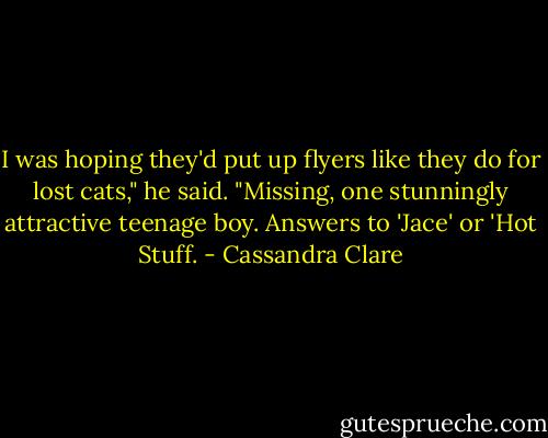 I was hoping they'd put up flyers like they do for lost cats," he said. "Missing, one stunningly attractive teenage boy. Answers to 'Jace' or 'Hot Stuff. - Cassandra Clare