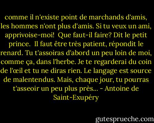 comme il n'existe point de marchands d'amis, les hommes n'ont plus d'amis. Si tu veux un ami, apprivoise-moi!<br /><br />Que faut-il faire? Dit le petit prince.<br /><br />Il faut être très patient, répondit le renard. Tu t'assoiras d'abord un peu loin de moi, comme ça, dans l'herbe. Je te regarderai du coin de l'œil et tu ne diras rien. Le langage est source de malentendus. Mais, chaque jour, tu pourras t'asseoir un peu plus près... - Antoine de Saint-Exupéry