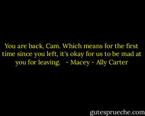 You are back, Cam. Which means for the first time since you left, it's okay for us to be mad at you for leaving. <br /><br />- Macey - Ally Carter