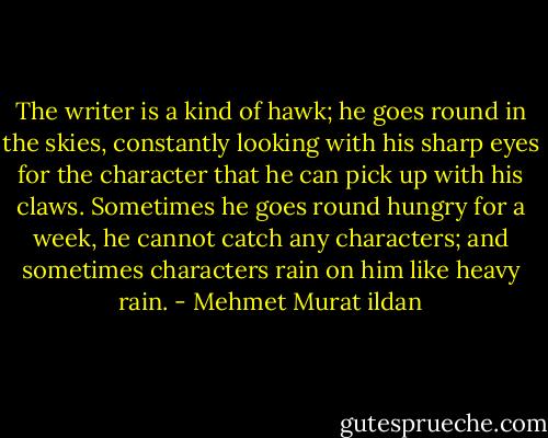 The writer is a kind of hawk; he goes round in the skies, constantly looking with his sharp eyes for the character that he can pick up with his claws. Sometimes he goes round hungry for a week, he cannot catch any characters; and sometimes characters rain on him like heavy rain. - Mehmet Murat ildan