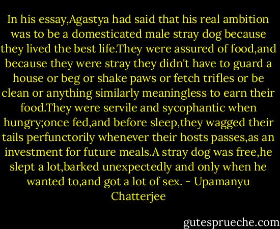 In his essay,Agastya had said that his real ambition was to be a domesticated male stray dog because they lived the best life.They were assured of food,and because they were stray they didn't have to guard a house or beg or shake paws or fetch trifles or be clean or anything similarly meaningless to earn their food.They were servile and sycophantic when hungry;once fed,and before sleep,they wagged their tails perfunctorily whenever their hosts passes,as an investment for future meals.A stray dog was free,he slept a lot,barked unexpectedly and only when he wanted to,and got a lot of sex. - Upamanyu Chatterjee