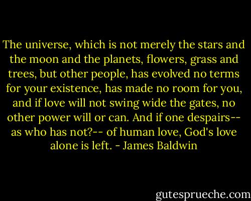 The universe, which is not merely the stars and the moon and the planets, flowers, grass and trees, but other people, has evolved no terms for your existence, has made no room for you, and if love will not swing wide the gates, no other power will or can. And if one despairs-- as who has not?-- of human love, God's love alone is left. - James Baldwin