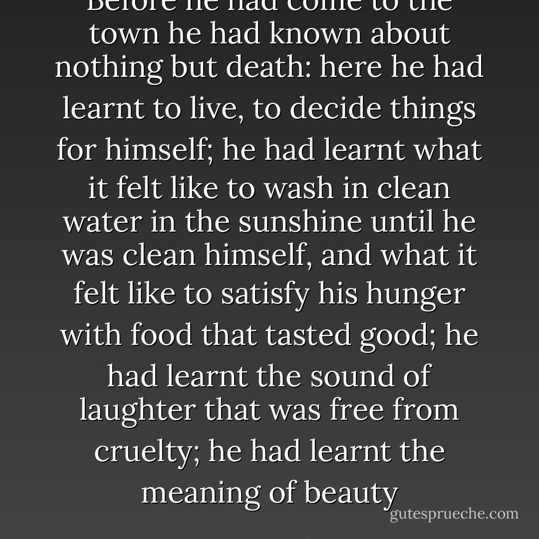 Before he had come to the town he had known about nothing but death: here he had learnt to live, to decide things for himself; he had learnt what it felt like to wash in clean water in the sunshine until he was clean himself, and what it felt like to satisfy his hunger with food that tasted good; he had learnt the sound of laughter that was free from cruelty; he had learnt the meaning of beauty - Anne Holm