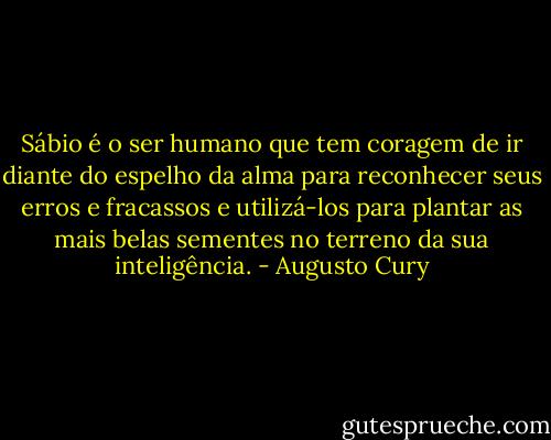 Sábio é o ser humano que tem coragem de ir diante do espelho da alma para reconhecer seus erros e fracassos e utilizá-los para plantar as mais belas sementes no terreno da sua inteligência. - Augusto Cury
