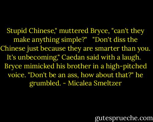 Stupid Chinese," muttered Bryce, "can't they make anything simple?"<br /><br /> "Don't diss the Chinese just because they are smarter than you. It's unbecoming," Caedan said with a laugh.<br /><br /> Bryce mimicked his brother in a high-pitched voice. "Don't be an ass, how about that?" he grumbled. - Micalea Smeltzer