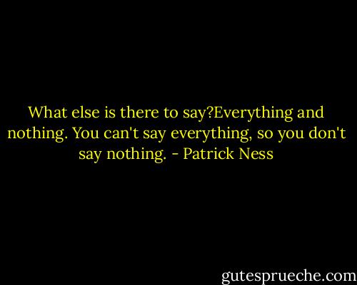 What else is there to say?Everything and nothing. You can't say everything, so you don't say nothing. - Patrick Ness
