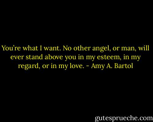 You’re what I want. No other angel, or man, will ever stand above you in my esteem, in my regard, or in my love. - Amy A. Bartol