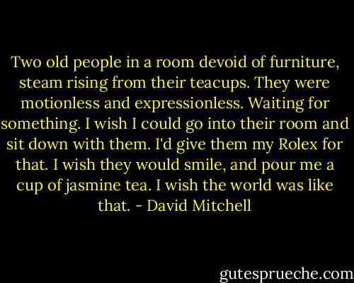 Two old people in a room devoid of furniture, steam rising from their teacups. They were motionless and expressionless. Waiting for something. I wish I could go into their room and sit down with them. I'd give them my Rolex for that. I wish they would smile, and pour me a cup of jasmine tea. I wish the world was like that. - David Mitchell