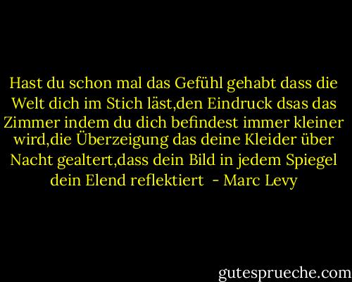 Hast du schon mal das Gefühl gehabt dass die Welt dich im Stich läst,den Eindruck dsas das Zimmer indem du dich befindest immer kleiner wird,die Überzeigung das deine Kleider über Nacht gealtert,dass dein Bild in jedem Spiegel dein Elend reflektiert  - Marc Levy