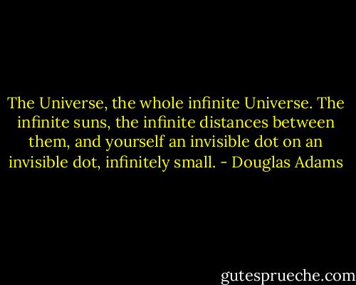 The Universe, the whole infinite Universe. The infinite suns, the infinite distances between them, and yourself an invisible dot on an invisible dot, infinitely small. - Douglas Adams