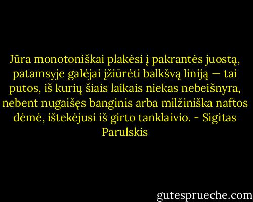 Jūra monotoniškai plakėsi į pakrantės juostą, patamsyje galėjai įžiūrėti balkšvą liniją — tai putos, iš kurių šiais laikais niekas nebeišnyra, nebent nugaišęs banginis arba milžiniška naftos dėmė, ištekėjusi iš girto tanklaivio. - Sigitas Parulskis