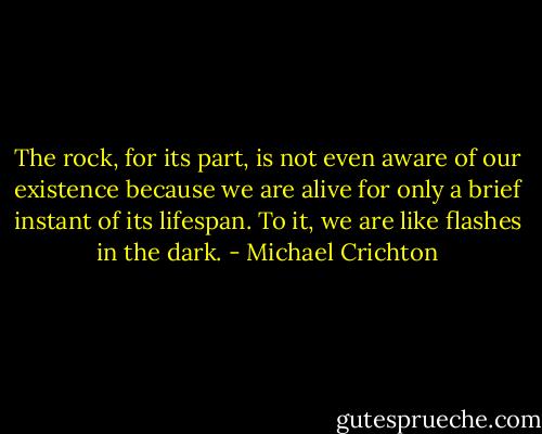 The rock, for its part, is not even aware of our existence because we are alive for only a brief instant of its lifespan. To it, we are like flashes in the dark. - Michael Crichton