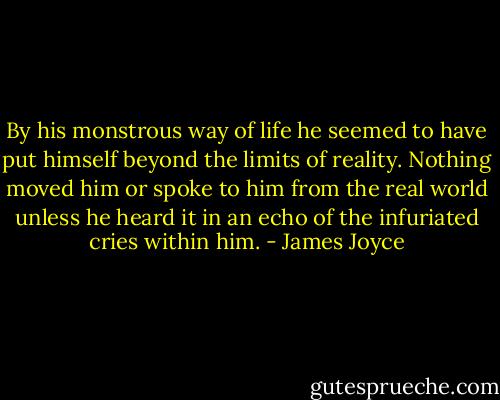 By his monstrous way of life he seemed to have put himself beyond the limits of reality. Nothing moved him or spoke to him from the real world unless he heard it in an echo of the infuriated cries within him. - James Joyce