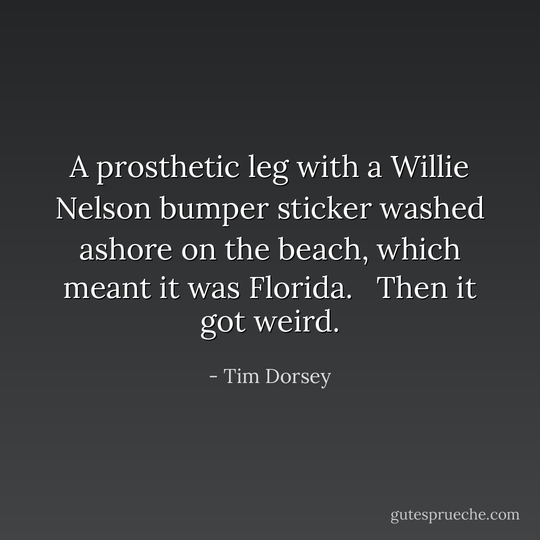 A prosthetic leg with a Willie Nelson bumper sticker washed ashore on the beach, which meant it was Florida.<br /><br /><br />Then it got weird. - Tim Dorsey